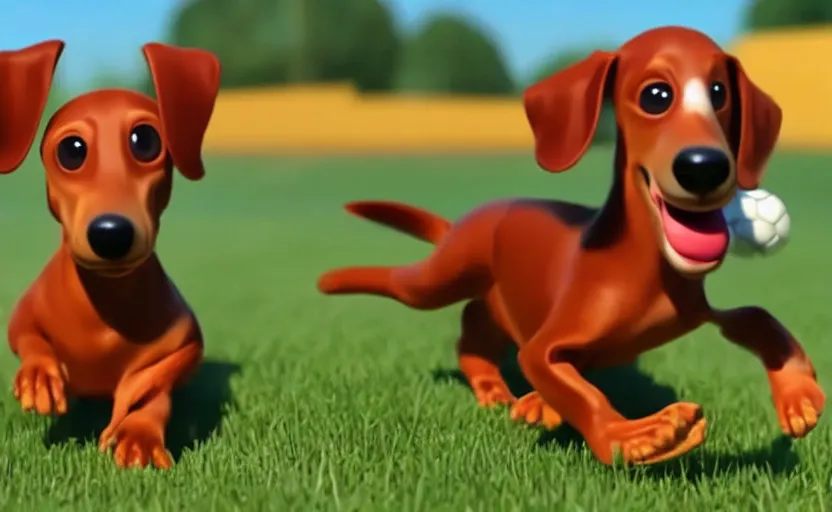 Prompt: happy dachshund catching a ball, cgi, 3 d animation, pixar