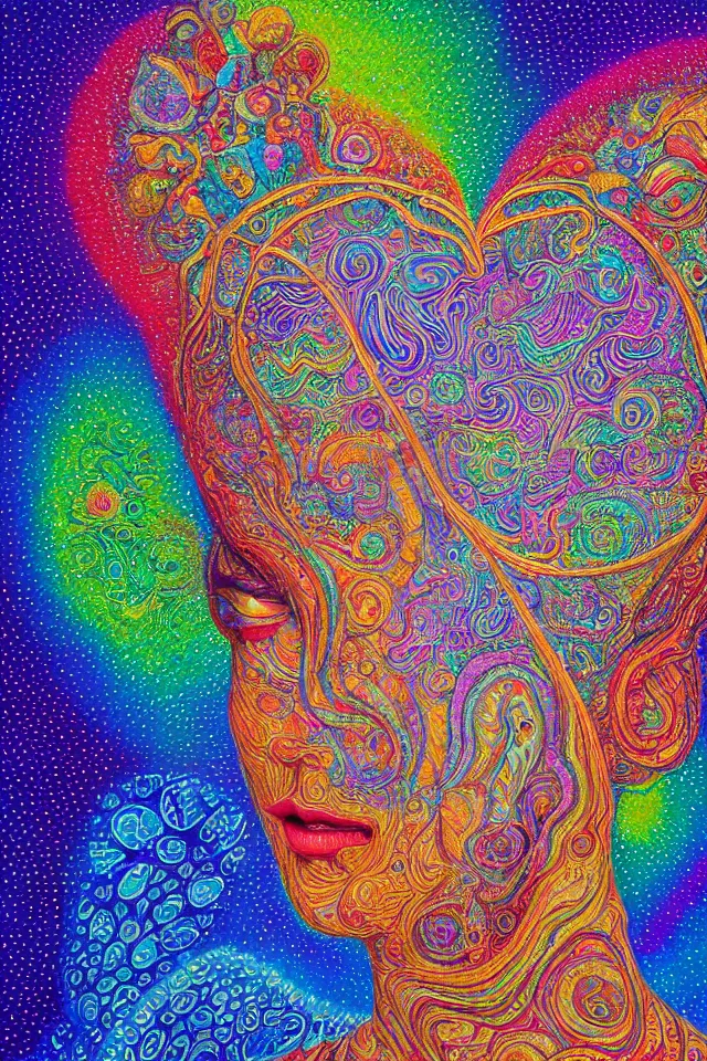 Image similar to a happy beautiful wise spirit goddess in the shape of a heart, meditation, 3 2 k resolution, good vibes, perfect lighting, billions of details, made out of small cubes of love, pointillism, fabric embroidery, stunning psychedelic artwork, android jones, chris dyer, alex grey, trending on artstation, award winner