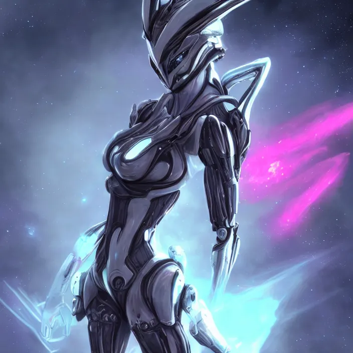 Image similar to cinematic shot, bust, cosmic sized perfectly proportioned stunning beautiful hot female warframe, anthropomorphic robot mecha female dragon, silver, fuschia leds, floating in empty space, nebula sized, holding a galaxy, epic proportions, epic size, epic scale, furry art, dragon art, giantess art, warframe fanart, furaffinity, deviantart