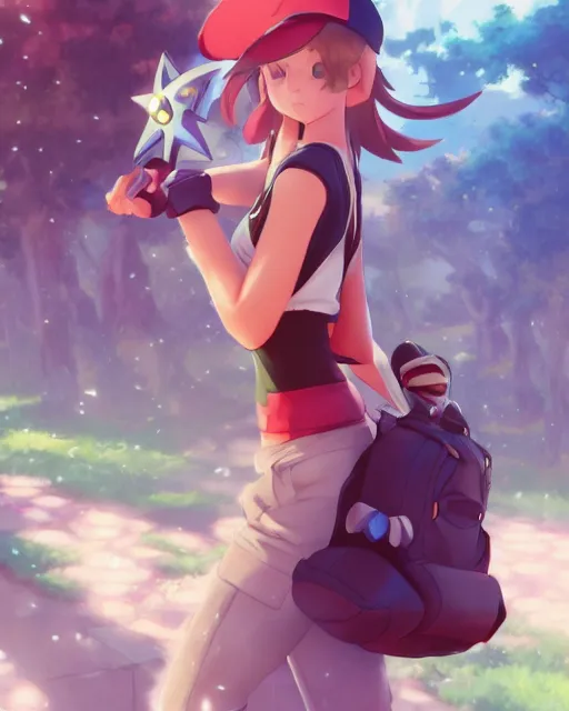 Image similar to a female pokemon trainer girl, full shot, atmospheric lighting, detailed face, by makoto shinkai, stanley artger m lau, wlop, rossdraws, james jean, andrei riabovitchev, marc simonetti, krenz c