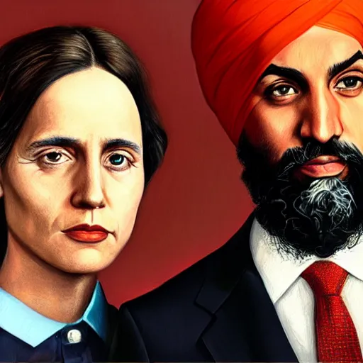 Image similar to Justin Trudeau together with Jagmeet Singh in the american gothic painting, concept art, sharp focus, highly detailed digital painting by Grant Wood, artstation