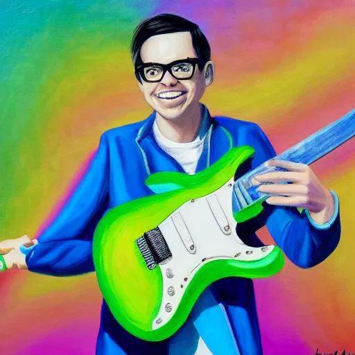 Prompt: a painting of rivers cuomo playing his green electric guitar in a rainbow background by lilia alvarado