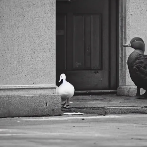 Prompt: A duck staring at a homeless person, cinematic, professional photography,