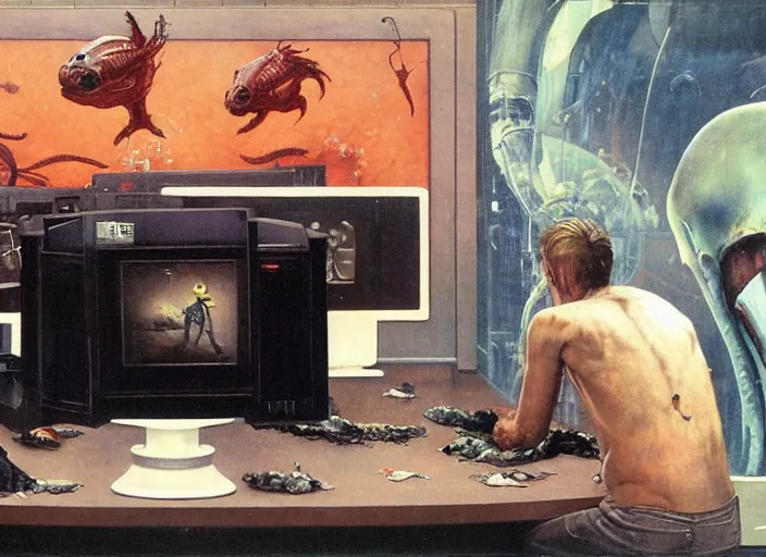 Prompt: a large computer with lots of power and a big aquarium by francis bacon, surreal, norman rockwell and james jean, greg hildebrandt, triadic color scheme, by greg rutkowski, in the style of francis bacon and edward hopper and beksinski, dark surrealism, grand theft auto video game, a still from the film alien