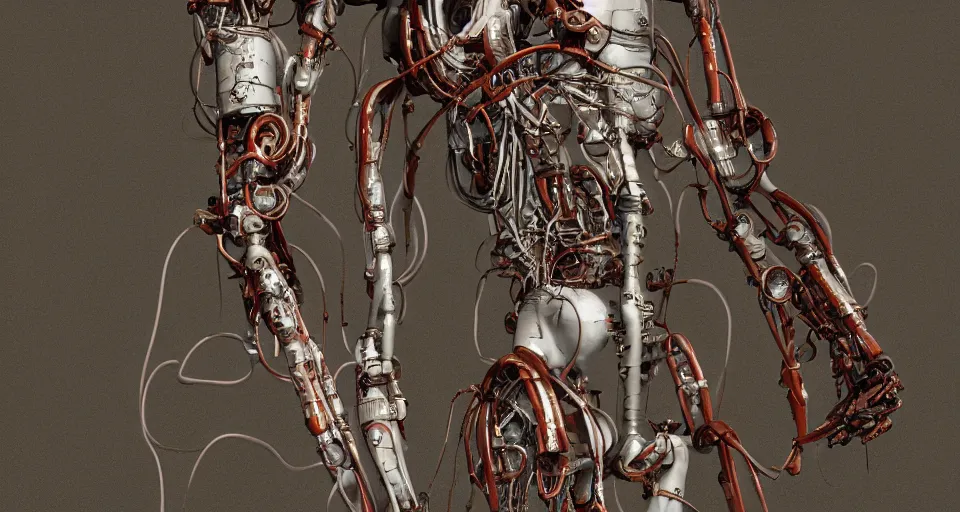 Image similar to Techno-biological rusty robot geisha consisting of veins, bones, kidneys, wires. Biopunk, body armor, high detail, photorealism, full length view, concept art, octane render, 16k, 8k