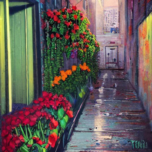 Image similar to Spawn selling flowers in an alley at night, by Todd MacFarlane