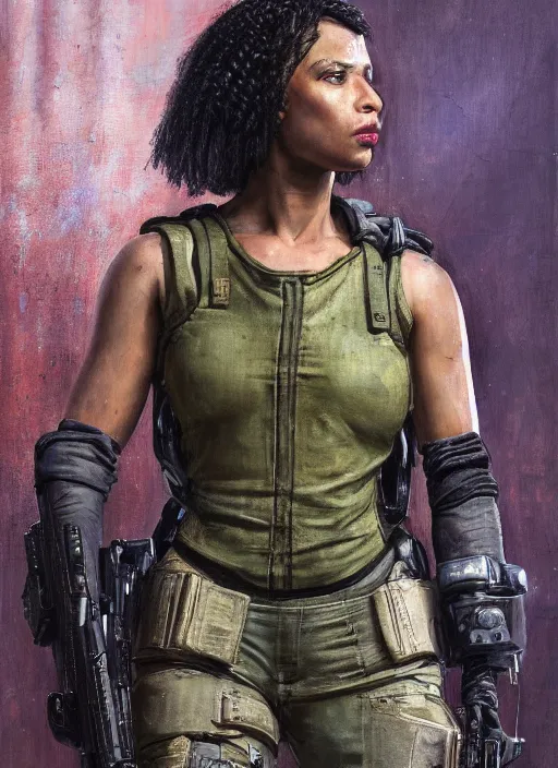 Image similar to maria igwe. cyberpunk mercenary wearing a military vest and combat jumpsuit. (Cyberpunk 2077, bladerunner 2049). Iranian orientalist portrait by john william waterhouse and Edwin Longsden Long and Theodore Ralli and Nasreddine Dinet, oil on canvas. Cinematic, hyper realism, realistic proportions, dramatic lighting, high detail 4k