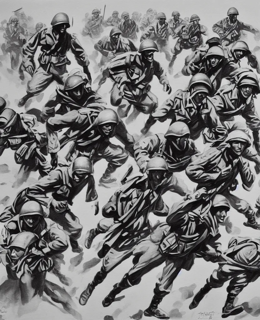 Image similar to a painting of running soldiers and bombs in el alamein battle, wwii,, black and white, disorder, bauhaus