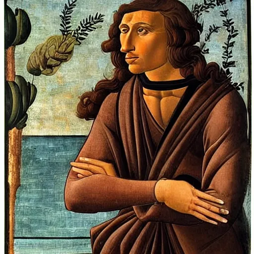 Prompt: a Greek man with long brown hair, full body, Sandro Botticelli