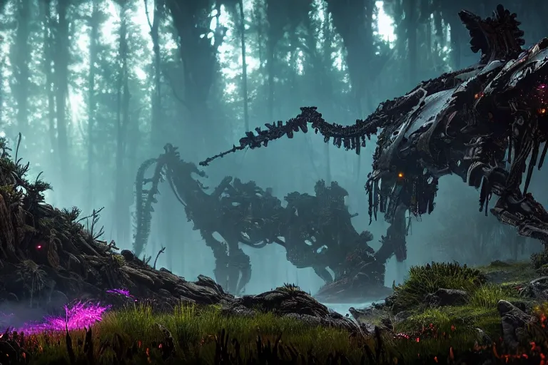 Image similar to wide epic shot from horizon forbidden west. a hyper detailed organic mechanic creatuve realistic similar look as horizon forbidden west horizon zero dawn, bioluminiscence in a dark deep forest at dawn in spring, with reflection and textures, by kilian eng, substance painter reaslitic mech surface metal painted scratches, world env from horizon forbidden west horizon zero dawn