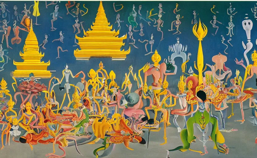 Image similar to photograph of sri lankan thai temple complex designed by yves tanguy, mark rothko, man ray, salvador dali, max ernst