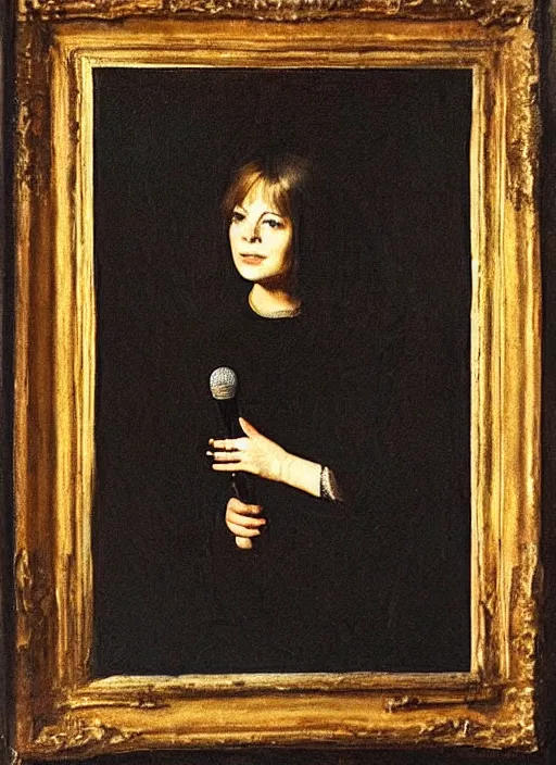 Prompt: France Gall sings into a microphone, oil on canvas, chiaroscuro, by Rembrandt