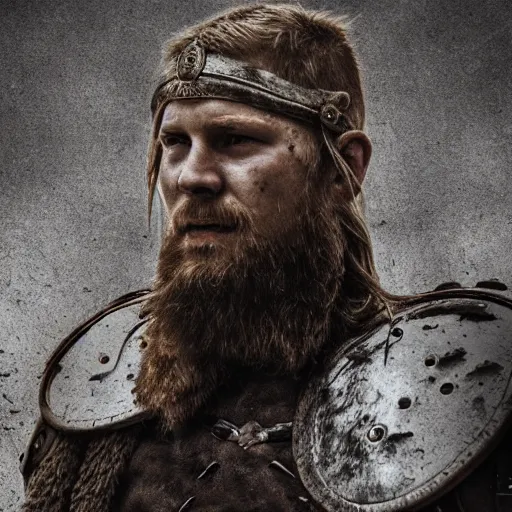 Prompt: portrait of viking warlord after battle, detailed, viking armor, weathered, bloody, scar, realistic, detailed, ultra detailed, 4 k, cinematic lighting,