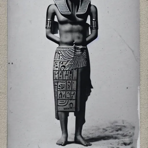Prompt: A pharaoh from Ancient Egypt wearing an outfit designed by Raf Simons, daguerreotype