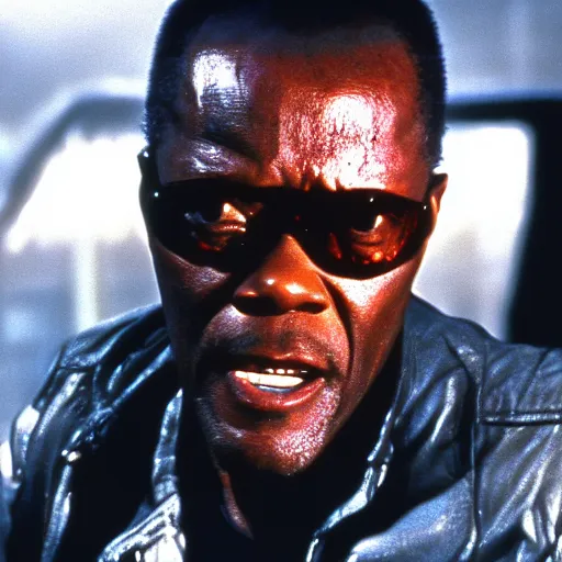 Prompt: Samuel L. Jackson plays Terminator, scene from the film