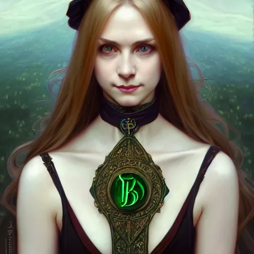 Prompt: Portrait of seductive female priest, D&D, green eyes, choker on neck, long blonde hair, slight nerdy smile, fantasy, intricate, elegant, highly detailed, digital painting, artstation, concept art, smooth, sharp focus, illustration, art by artgerm and greg rutkowski and alphonse mucha