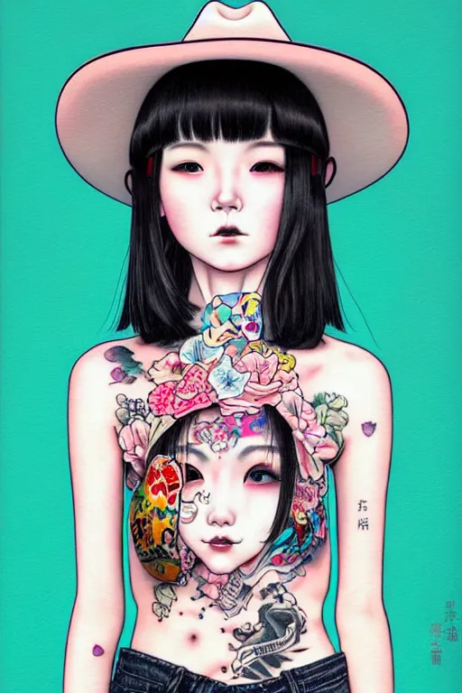 Image similar to full view of girl from taipei with tattoos, wearing a cowboy hat, style of yoshii chie and hikari shimoda and martine johanna, highly detailed