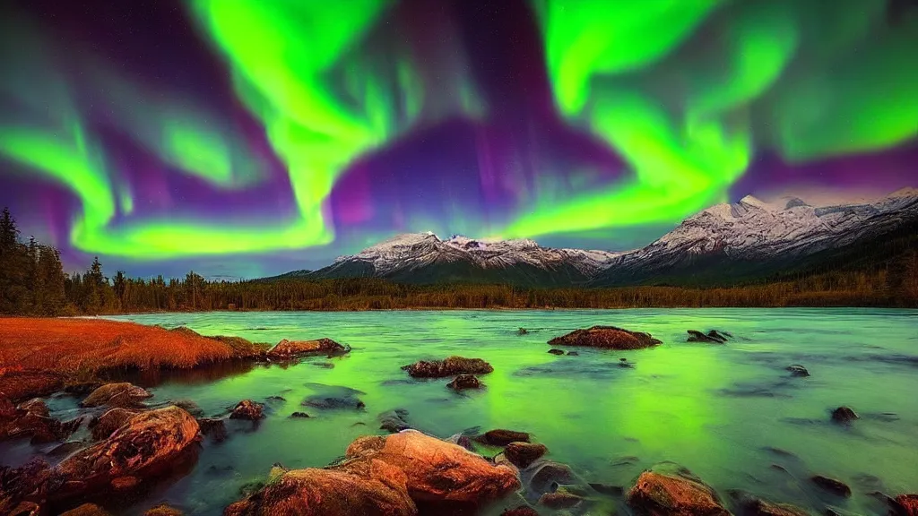 Image similar to amazing landscape photo of aurora lights with lake by marc adamus, beautiful dramatic lighting