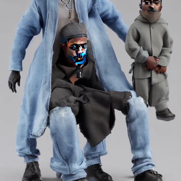 Prompt: a hot toys figure of kanye west using a black face - covering mask made of cloth with small holes, a blue puff undersized round jacket, a black shirt underneath and black rubber boots, figurine, detailed product photo