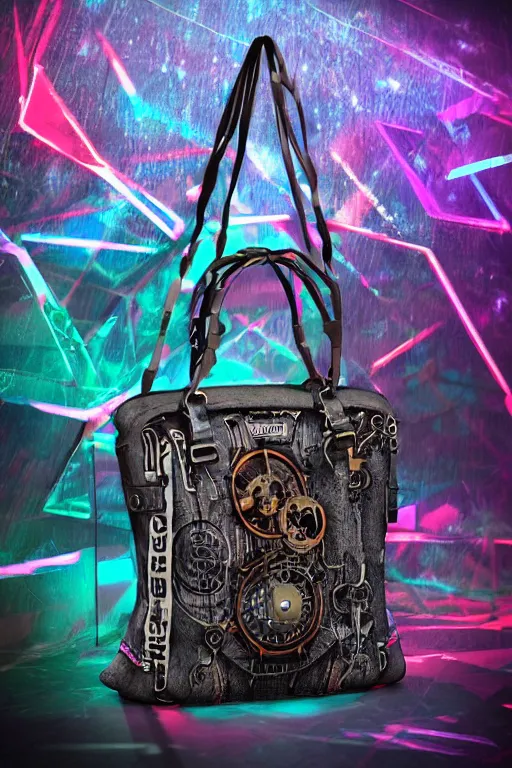 Image similar to photo of a handbag, band merchandise, printed band name is tripmachine, realistic digital art, hanbag is textured with a 3 d render of a huge futuristic steampunk generator, 8 k, fluorescent colors, halluzinogenic, multicolored, exaggerated detailed, unreal engine