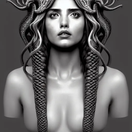 Prompt: ana de armas bust as medusa from greek mythology, gorgon, big living snakes cobras in his head hair, snakes in place of hair, symmetrical, pencil drawing, hyperdetailed, 8 k realistic, trending on artstation, by alphonso dunn and rob plater and miles yoshida