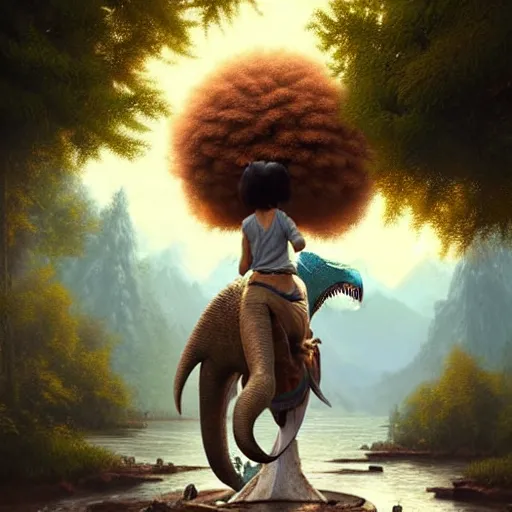 Image similar to bob ross!!! riding!!! a dinosaur!!, giant afro!, model pose, ultra realistic, concept art, intricate details, highly detailed, photorealistic, octane render, 8 k, unreal engine. art by artgerm and greg rutkowski and alphonse mucha