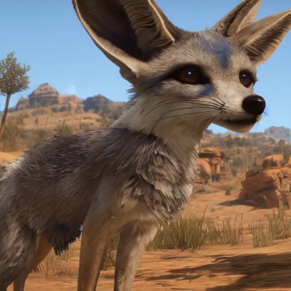 Image similar to screenshot of an anthropomorphic blue fennec fox in red dead redemption 1