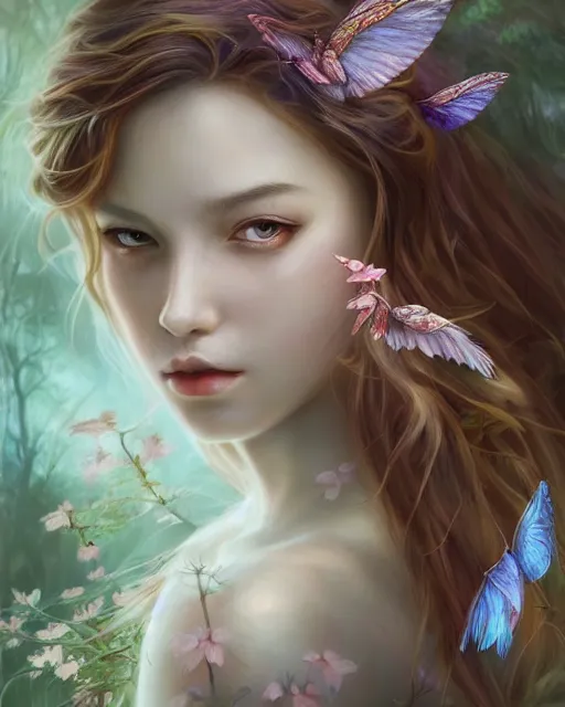 Prompt: a beautiful face forest fairy by artgerm in a scenic woods, sweet, graceful wings muted colors, sharp focus, high fantasy art, fairy aesthetics, intricate, elegant, highly detailed, hyperrealistic painting, artstation, concept art, painterly, dreamy, soft illumination, hasselbrad photography, illustration, art by scot howden