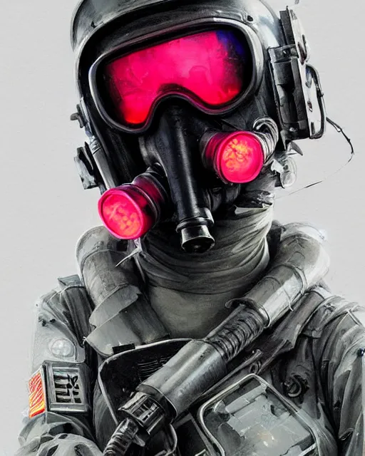 Image similar to detailed neon female swat officer flying a fighter jet, cyberpunk futuristic, neon, gas mask, reflective puffy coat, decorated with traditional japanese by ismail inceoglu dragan bibin hans thoma greg rutkowski alexandros pyromallis nekro rene margitte, fire & smoke, illustrated, perfect face, fine details, realistic shaded, fine - face, pretty face