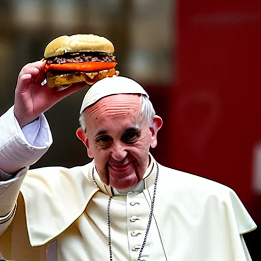 Prompt: the pope eating an hamburger at mcdonald's