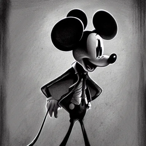 Image similar to michael karcz grunge drawing of mickey mouse. , in the style of corpse bride, loony toons style, horror themed, detailed, elegant, intricate, trending on artstation, 4k