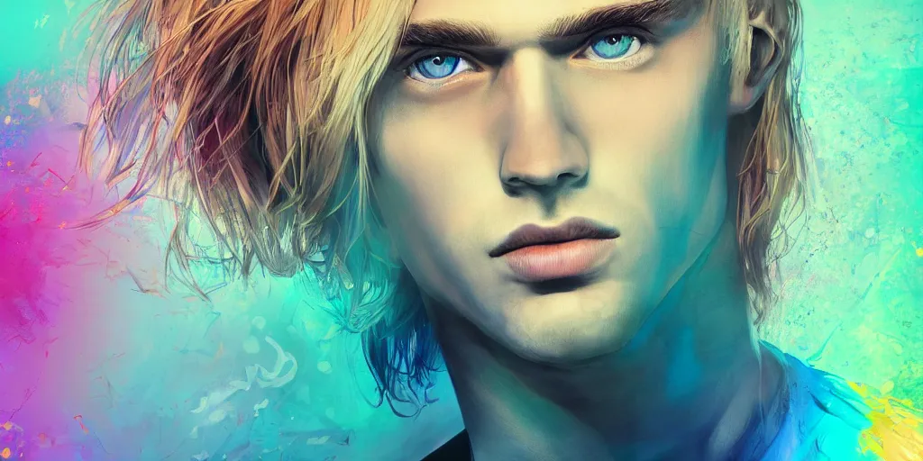 Image similar to extremely beautiful blonde young man with hyperealistic glossy eyes, digital art, colourful background seductive.