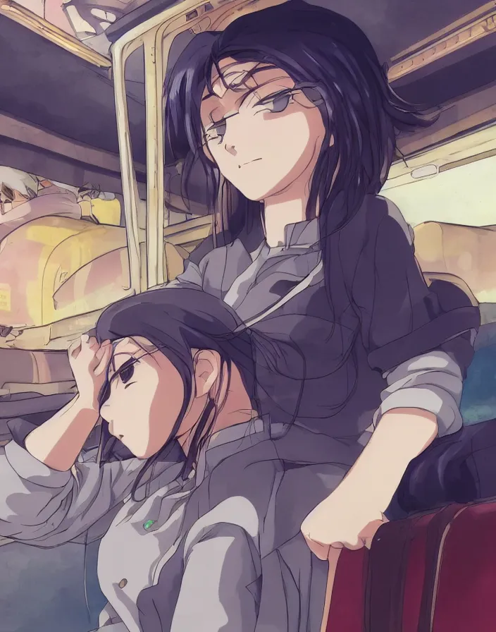 Image similar to an anime girl sleeping on a train ride through a golden cyberpunk city by studio ghibli, side-view close up shot, 8k