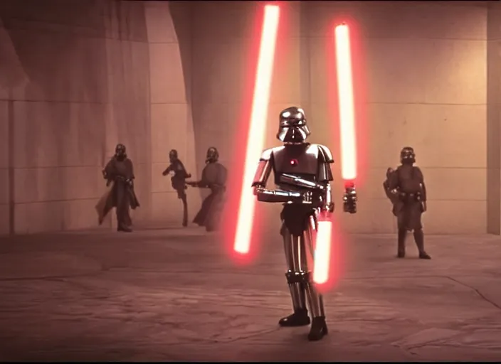 Image similar to screenshot of the jedi sithtrooper droid with lightsaber arms, iconic scene from the lost Star Wars film, Shadows Of the Empire, 1990 directed by Stanely Kubrick, lens flare, moody cinematography, with anamorphic lenses, crisp, detailed, 4k