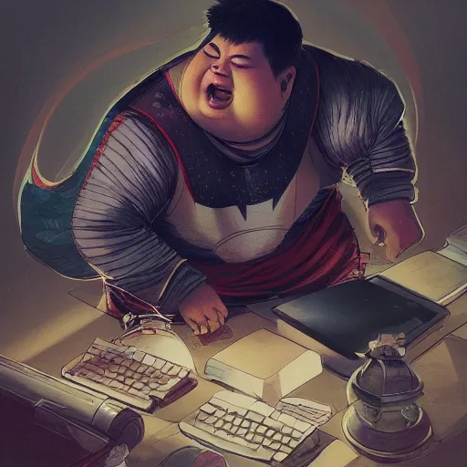 Image similar to an insanely detailed painting of a chubby asian man wearing a homemade superhero costumed, sitting at a computer desk typing on the keyboard, in the style of peter mohrbacher, dramatic lighting and composition, trending on artstation, concept art, comic book, graphic novel