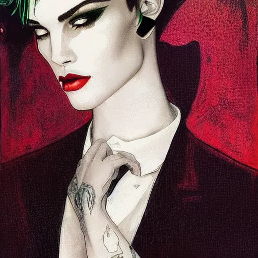 Image similar to beautiful portrait of androgynous ruby rose as desire from sandman in a white tuxedo!!!, rockabilly style,, by alphonse mucha, by jeremy mann, by peter lindbergh, dave mckean, by frank moth, by cedric peyravernay, white suit and black tie, soft lightning, high detailed, 8 k