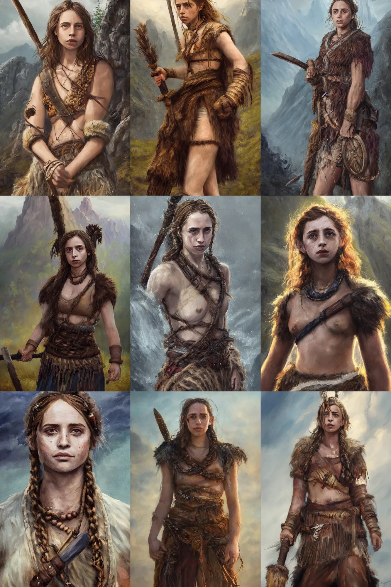 Image similar to a full body high detail fantasy portrait oil painting illustration of maya hawke as a rugged stoic barbarian woman by justin sweet with face and body clearly visible, in a scenic background, pupils visible, realistic proportions, d & d, rpg, forgotten realms, artstation trending, high quality, sombre mood, artstation trending, muted colours, entire person visible!, natural light,