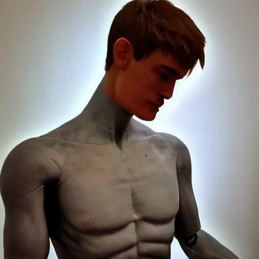 Image similar to “a realistic detailed photo of a guy who is an attractive humanoid who is half robot and half humanoid, who is a male android, twitch streamer Ninja Tyler Blevins, shiny skin, posing like a statue, blank stare, at the museum”