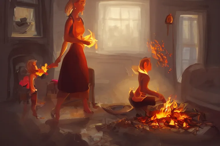 Prompt: a housewife hurries up to pack daughter's things, surrounded with fire, digital art, trending on artstation