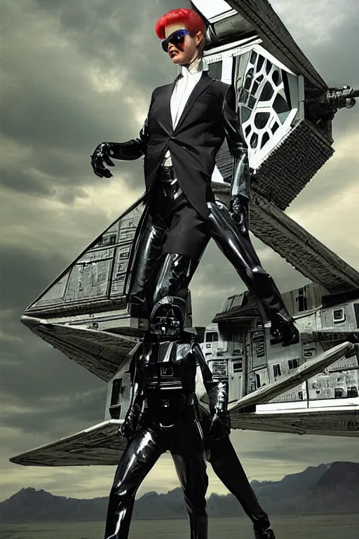 Prompt: a reptilian glamour model walking a catwalk on the edge of a tie fighter, photograph by david lachapelle