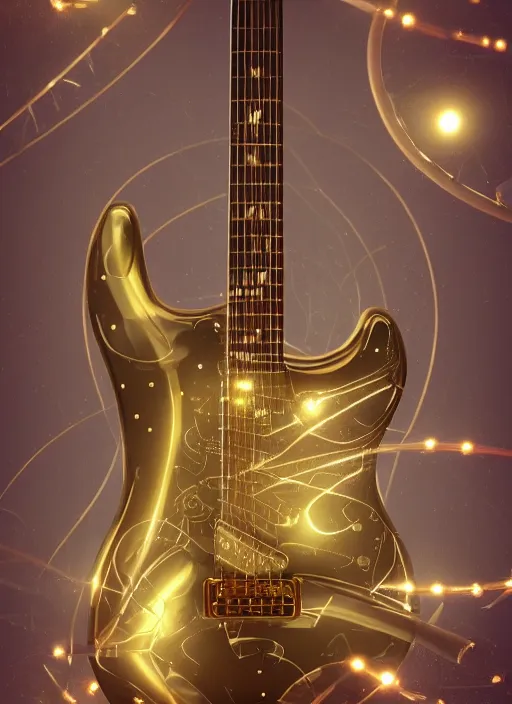 Prompt: electric guitar mechanical architecture mix of organical elements combined with nano machines, ith worlds inside floating about the space, dimly lit with candles, gold mirrors, hdr 25, concept art, 3d render texture master, hd