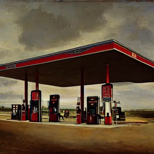 Prompt: a gas station in nebraska by rembrandt van rijn