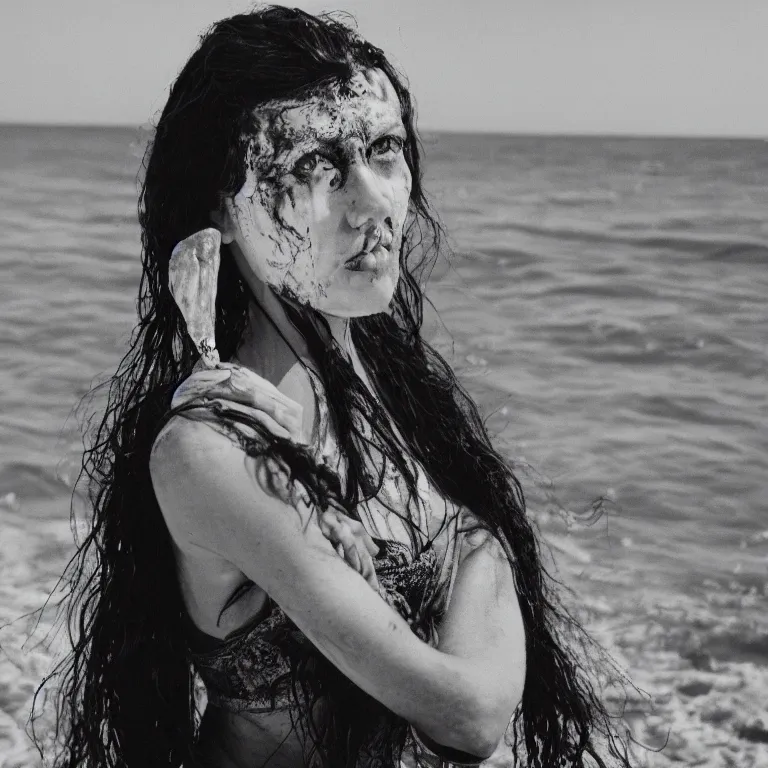 Image similar to portrait of an ancient vampire queen enjoying a day at the beach, 35mm photography