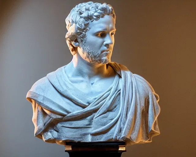 Image similar to a high quality photograph ryan reynolds as a roman marble bust. cinematic lighting.