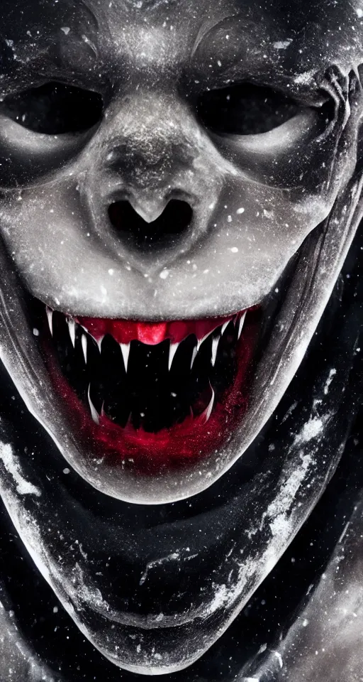 Image similar to up close shot of vampire fangs, winter, dark scenery, dark lighting, cinematic, cold freezing nights, laser lights, crybernetic, top floor boss shit, destroy lonely, black floor, lavish, luxurious, marble walls, cinematic, hyper realism, high detail, octane render, 8 k