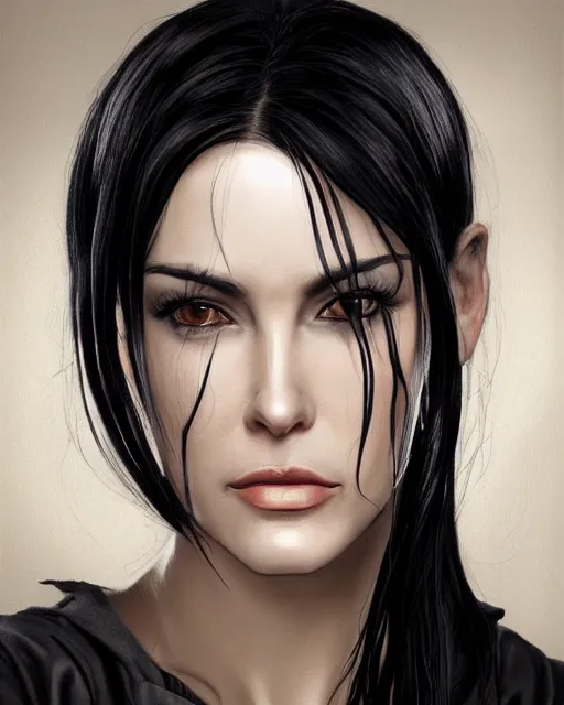 Image similar to portrait of a tall 4 0 - year - old woman, very thin lips, long, lush unkempt black hair, and thick eyebrows, wearing in black clothes, hyper realistic face, beautiful eyes, character art, art by mark brooks, hyperdetailed, cryengine, trending on artstation, digital art