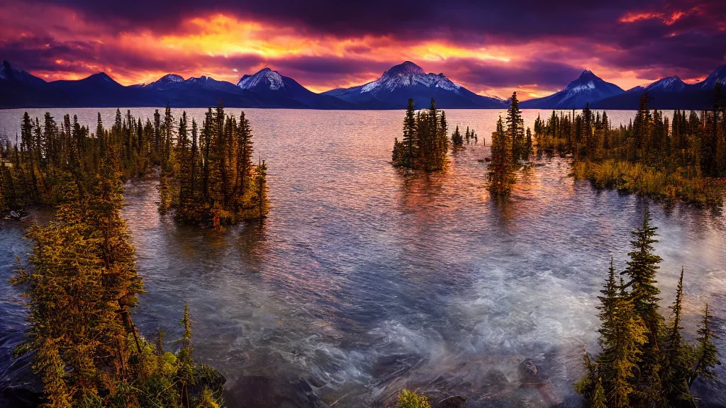 Prompt: amazing lake view photo of golden taiga in sunset by marc adamus, beautiful dramatic lighting