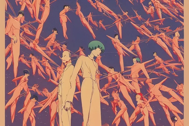 Prompt: gigantic evangelion angels with human faces catch tiny threads, a lot of exotic mechas robots around, human heads everywhere, risograph by kawase hasui, dirtyrobot, edward hopper, satoshi kon and moebius, colorful flat surreal design, super - detailed, a lot of tiny details, fullshot