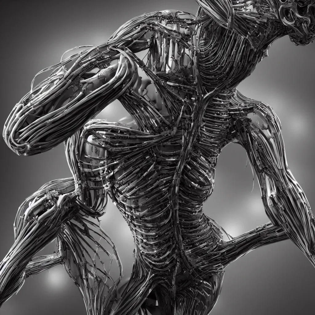 Prompt: a beautiful female is infected with a biomechanical suit, octane render, hyper realistic, art by hr giger, full profile, multiple angles