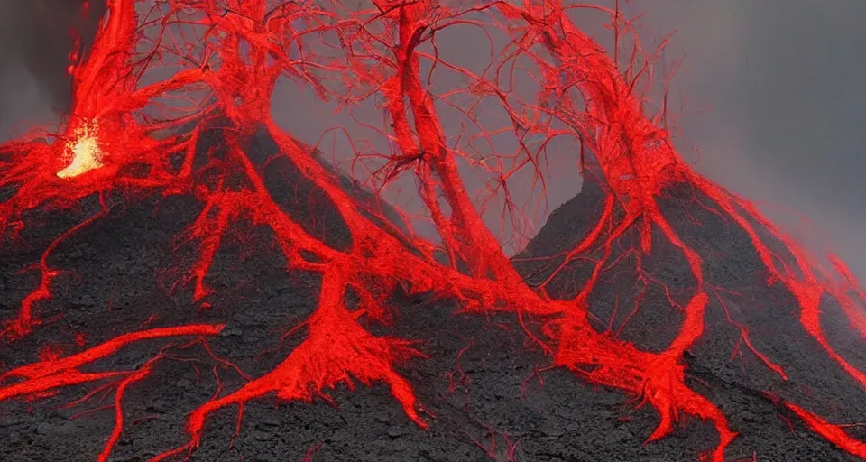 Image similar to a volcano made of ivory vines and crimson rocks enters in eruption, it spits a smoke in the shape of demonic eye, by Khara Inc